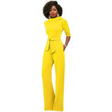 themeisles New Fashion Women's Solid Color Lapel Five-point Sleeve High Waist Wide Leg Jumpsuit