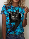 themeisles Women's Blue T-shirt Black Cat Print Short-sleeved Casual Round Neck Top