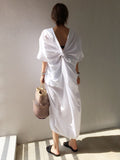 themeisles Casual Half Sleeves Loose Pleated Solid Color V-Neck Midi Dresses