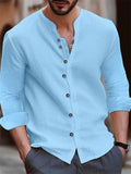 themeisles Autumn and Winter Solid Color New Slim Type Men's Retro Cotton and Linen Casual Loose Stand-up Collar Long-sleeved Shirt