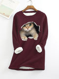 themeisles Women's Sweatshirt Pullover Sherpa Fleece Teddy Denim Blue Green Black Cat Street Round Neck Long Sleeve S M L XL 2XL 3XL