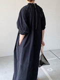themeisles Simple Solid Color Stand Collar Loose Half Sleeve Shirt Dress