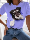themeisles Printed Short Sleeve Casual Holiday Basic Round Neck Regular T-shirt Puppy Pattern Blue Pink Purple White