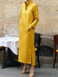themeisles Long Sleeves Loose Solid Color Split-Side Stand Collar Midi Dresses