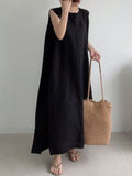 themeisles Casual Simple Solid Color Split-Side Round-Neck Sleeveless Midi Dress