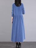 themeisles Vintage Corduroy Long Sleeves A-Line Embroidered Solid Round-Neck Midi Dresses