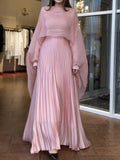 themeisles Long Sleeves Pleated Solid Color Round-Neck Evening Maxi Dresses