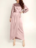 themeisles Zipper Tied Waist Solid Color High-Waisted Wrap Round-neck Maxi Dresses