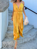 themeisles Sexy Dress Silky Fabric New Deep V Dress Open Backless Halter Dress Female