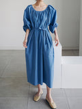 themeisles Original Casual Loose Solid Color Pleated Puff Sleeves Midi Dress
