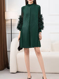 themeisles Solid Color Pleated Embroidered Loose Long Sleeves Round-neck Midi Dresses