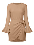 themeisles Simple Long Sleeves Skinny Tied Falbala Solid Color Round-Neck Mini Dresses
