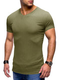 themeisles Summer Men's Sports and Fitness Short-sleeved T-shirt Vertical Striped Solid Color Collarless Men's Slim V-neck Tops Ice Silk Bodysuit