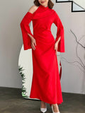 themeisles Flared Sleeves Asymmetric Buttoned Hollow Solid Color Zipper Cold Shoulder Evening Dresses Maxi Dresses