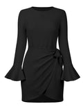 themeisles Simple Long Sleeves Skinny Tied Falbala Solid Color Round-Neck Mini Dresses