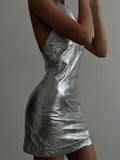 themeisles Zipper Split-Joint Solid Color Backless Sleeveless Skinny Round-Neck Mini Dresses