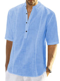 themeisles Men's Comfortable Casual Linen Shirt Medium Sleeve Men's Solid Color Tops S M L XL 2XL