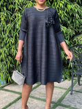 themeisles Vacation Long Sleeves A-Line Pleated Solid Color Round-Neck Midi Dresses