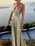 themeisles Spring and Summer New Sexy Wrap Hot Gold Party Temperament Elegant Dress Collarless Casual Swing Long Dress Celebrity Wind Dress