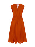themeisles Tied Waist Solid Color Pleated Sleeveless V-Neck Midi Dresses
