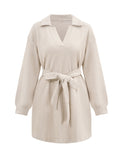 themeisles Tied Waist Solid Color Jacquard Long Sleeves V-neck Mini Dresses